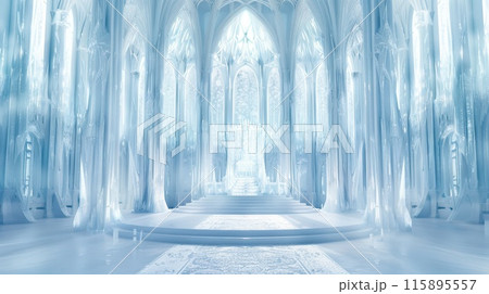 Ethereal ice palace with crystalline columns and delicate arches, bathed in cool blue light, creating a fantasy winter wonderland atmosphere. 115895557