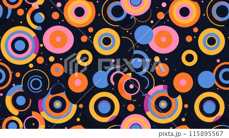 Colorful circle pattern with blue, orange, pink, and yellow on black background. Playful and modern seamless pattern concept. 115895567