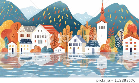 Illustrated autumn village with vibrant trees and houses reflecting in calm water, set against a mountain backdrop, creating a serene and colorful scene. 115895576