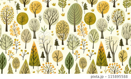 Whimsical illustration of various trees in autumn colors forming a seamless pattern. Ideal for seasonal, nature-themed, and playful designs. Whimsical illustration of various trees in autumn colors forming a seamless pattern. Ideal for seasonal, nature-themed, and playful designs. 115895588