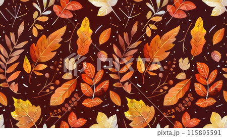 Autumn-themed seamless pattern with various leaves in warm colors on a dark background. Perfect for seasonal and nature-inspired designs. Autumn-themed seamless pattern with various leaves in warm colors on a dark background. Perfect for seasonal and nature-inspired designs. 115895591