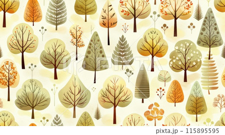 Whimsical illustration of various trees in autumn colors forming a seamless pattern. Ideal for seasonal, nature-themed, and playful designs. 115895595