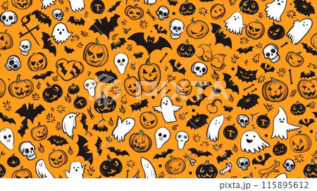 Festive Halloween pattern with skulls, bats, ghosts, and pumpkins on a red background, creating a playful, spooky design. Festive Halloween pattern with skulls, bats, ghosts, and pumpkins on a red background, creating a playful, spooky design. 115895612
