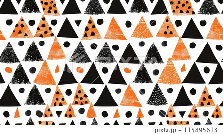 Geometric seamless Halloween pattern with black and orange triangles and circles on a white background, creating a playful, modern design. Geometric seamless Halloween pattern with black and orange triangles and circles on a white background, creating a playful, modern design. 115895613
