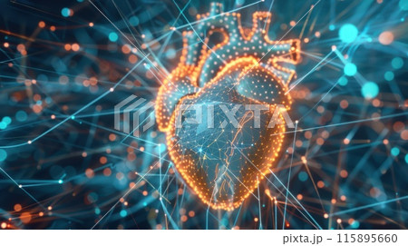 Glowing digital heart surrounded by interconnected networks of light and nodes, symbolizing technology and connectivity in healthcare and science. Glowing digital heart surrounded by interconnected networks of light and nodes, symbolizing technology and connectivity in healthcare and science. 115895660