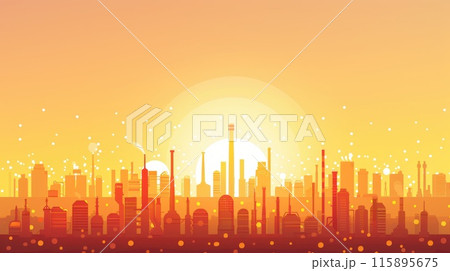 Stylized industrial plant at sunset with vibrant hues of orange and purple, depicting energy, industry, and a surreal atmosphere. 115895675