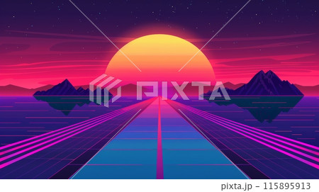 Futuristic sunset with a vibrant pink and purple color scheme, set over a road leading to a distant horizon. Perfect for sci-fi and surreal themes. Futuristic sunset with a vibrant pink and purple color scheme, set over a road leading to a distant horizon. Perfect for sci-fi and surreal themes. 115895913