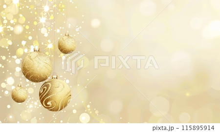 Golden Christmas ornaments with sparkling lights and a soft bokeh background, creating a festive and elegant holiday scene. Golden Christmas ornaments with sparkling lights and a soft bokeh background, creating a festive and elegant holiday scene. 115895914