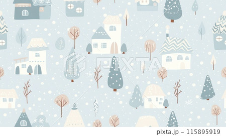Charming illustration of a winter village with pastel houses and trees on a white background, forming a seamless pattern. Festive decor. Charming illustration of a winter village with pastel houses and trees on a white background, forming a seamless pattern. Festive decor. 115895919
