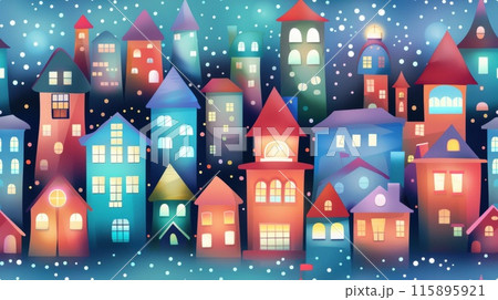 Vibrant seamless illustration of a whimsical winter town with colorful buildings under a snowy night sky. Festive, holiday magic concept. 115895921