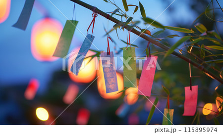 夕暮れの七夕祭りの短冊 115895974