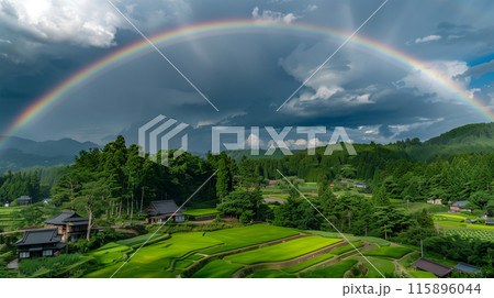 夏の田んぼと虹 115896044