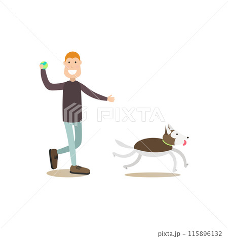 Dog owner male with his pet vector flat illustration 115896132