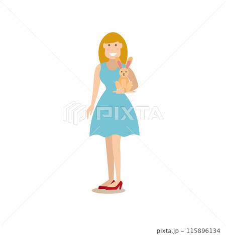 Domestic rabbit owner female with her pet vector flat illustration 115896134