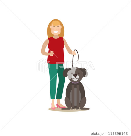 Dog owner female with her pet vector flat illustration Dog owner female with her pet vector flat illustration 115896148