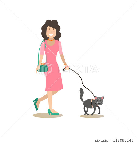 Cat owner female with her pet vector flat illustration Cat owner female with her pet vector flat illustration 115896149