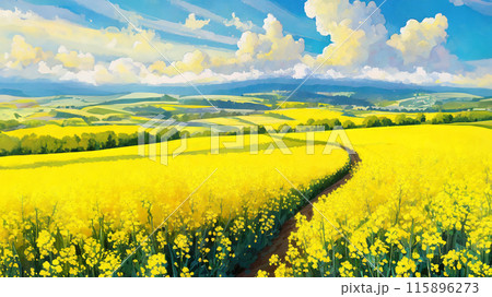 なだらかな大地の菜の花畑のイラスト 115896273