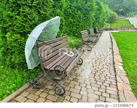 White umbrella on a bench, rainy weather in the park. White umbrella on a bench, rainy weather in the park. 115896674