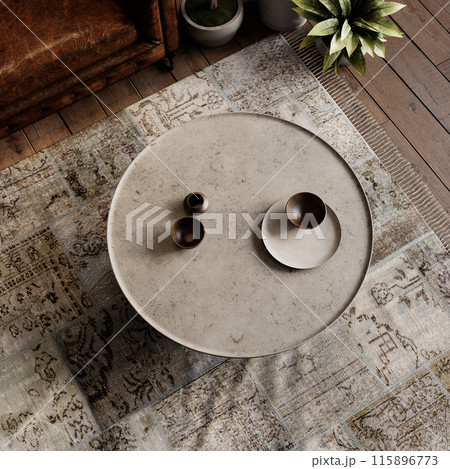 Top view of round concrete coffee table on rug in loft interior with decor. 3d render illustration mockup. Top view of round concrete coffee table on rug in loft interior with decor. 3d render illustration mockup. 115896773