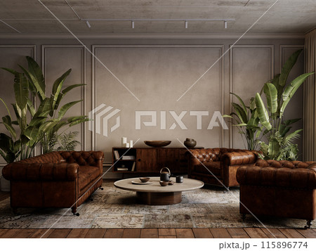 Grey loft interior with mouldings, brown leather sofa, armchairs, dresser, coffee table, tropical plants and decor. 3d render illustration mockup. Grey loft interior with mouldings, brown leather sofa, armchairs, dresser, coffee table, tropical plants and decor. 3d render illustration mockup. 115896774