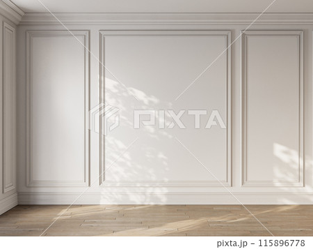 Empty classic modern white interior with blank wall, mouldings, parquet and sunlight. 3d render illustration mockup. 115896778