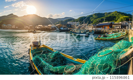 日本の漁村と定置網漁の風景 日本の漁村と定置網漁の風景 115896861
