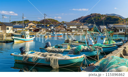 日本の漁村と定置網漁の風景 115896862