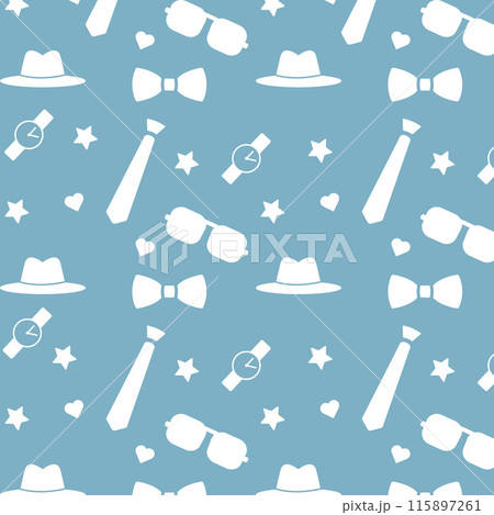 Classic blue pattern with hats, ties, watches, sunglasses, bow ties, perfect for fashion backgrounds. 115897261