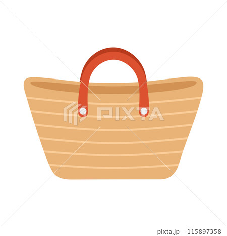 Beach striped bag with red handles. Straw woven accessory for travel, picnic or shopping. Beige summer handbag. Vector flat illustration isolated on white background 115897358