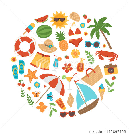 Colorful summer elements in circle shape. Beach collection with swimsuits, hat, sunglasses, palm, cocktails, fruits, ice cream and other stickers. Vector illustration with round composition 115897366