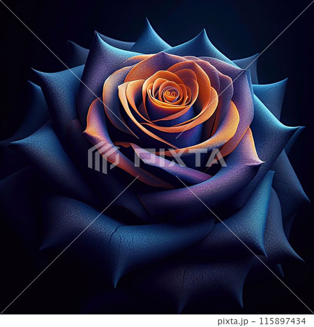 A close-up of a rose with gradient hues flowing from a peach center to dark blue edges, showcasing the beauty of nature. 115897434
