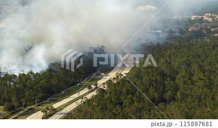 Aerial view of fire department firetrucks extinguishing wildfire burning severely in Florida jungle woods. Emergency service firemen trying to put down flames in forest Aerial view of fire department firetrucks extinguishing wildfire burning severely in Florida jungle woods. Emergency service firemen trying to put down flames in forest 115897681