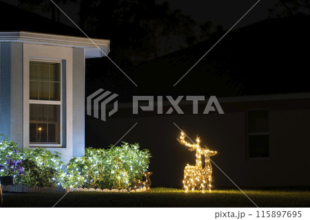 Brightly illuminated Christmas decorations on front yard of Florida family home. Outside decor for winter holidays 115897695
