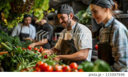 Young vendors in aprons laying out goods at farmer's market 115897696