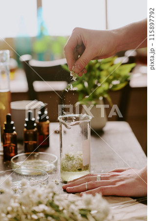 Female hands strewing dried crushed petals of daisy into transparent and clean liquid in long glass flask Female hands strewing dried crushed petals of daisy into transparent and clean liquid in long glass flask 115897792