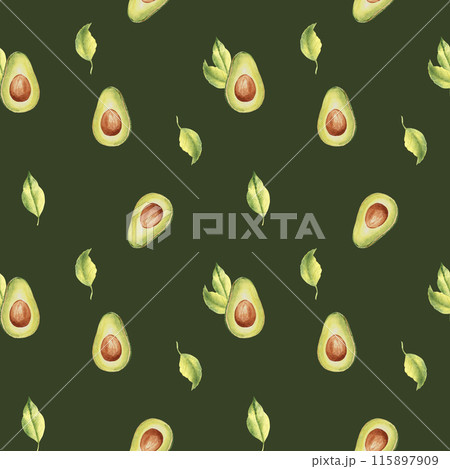 Watercolor Seamless Pattern of ripe avocado halves and leaves on a dark green background. Can be used for kitchen textile prints, product packaging design. 115897909