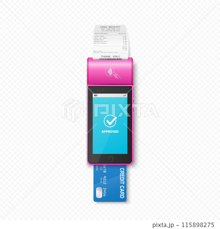 Vector 3D Realistic NFC Payment Terminal with Payment Receipt, Credit Card. Payment Machine - Approved Status. Design Template for Bank Payment Contactless Terminal. Mockup of a POS Terminal. Top View 115898275