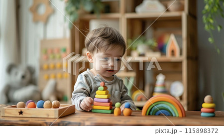 Montessori teaching pedagogy , kid play concept, generated AI 115898372