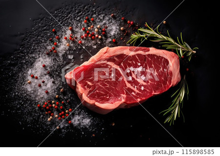 Fresh beef steak being prepared for frying on a background of spices Fresh beef steak being prepared for frying on a background of spices 115898585