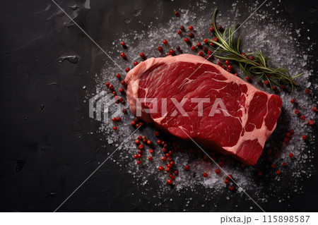 Fresh beef steak being prepared for frying on a background of spices Fresh beef steak being prepared for frying on a background of spices 115898587