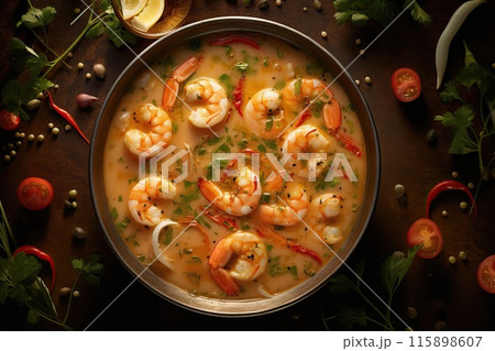 Appetizing soup with shrimp on a background of spices and vegetables 115898607