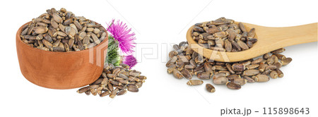 Seeds of a milk thistle or Silybum marianum, Scotch Thistle, Marian thistle in wooden bowl with flower isolated on white background Seeds of a milk thistle or Silybum marianum, Scotch Thistle, Marian thistle in wooden bowl with flower isolated on white background 115898643