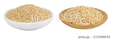 Sesame seeds in ceramic and wooden bowl isolated on white background with full depth of field 115898650