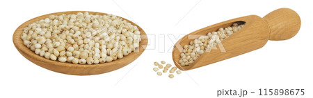 Sorghum seeds in wooden bowl isolated on white background with full depth of field. 115898675