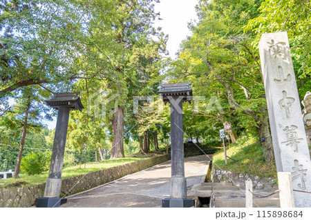 中尊寺　参道　江戸時代に植樹された樹齢300年の老杉が木陰を作り参拝客を迎え荘厳な雰囲気 115898684