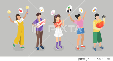 3D Isometric Flat Vector Illustration of K Pop Music Fans, Supporters displaying placards at event. 115899076