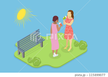 3D Isometric Flat Vector Illustration of Summertime, Young Women Delights in Summer Sipping Cold Refreshing Drink While Walking in Park 115899077