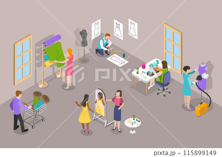 3D Isometric Flat Vector Illustration of Fashion Atelier Workers, Interior of Dressmaking Workshop 3D Isometric Flat Vector Illustration of Fashion Atelier Workers, Interior of Dressmaking Workshop 115899149