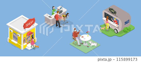 3D Isometric Flat Vector Illustration of Shopping With Dog, Pet Care 3D Isometric Flat Vector Illustration of Shopping With Dog, Pet Care 115899173