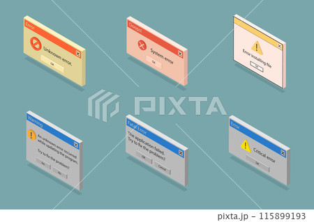 3D Isometric Flat Vector Set of Retro Error Messages, Throwback to the 90s Interface. A Nostalgic Retro User Experience. 115899193